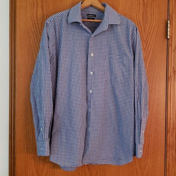 Croft & Barrow Slim Fit Blue White Checkered Button Down Dress Shirt Sz L - Picture 1 of 6